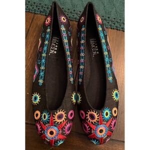 Full Moon Vintage Embroidered Ballet Flats Black Multi Celestial Leather Sole 9